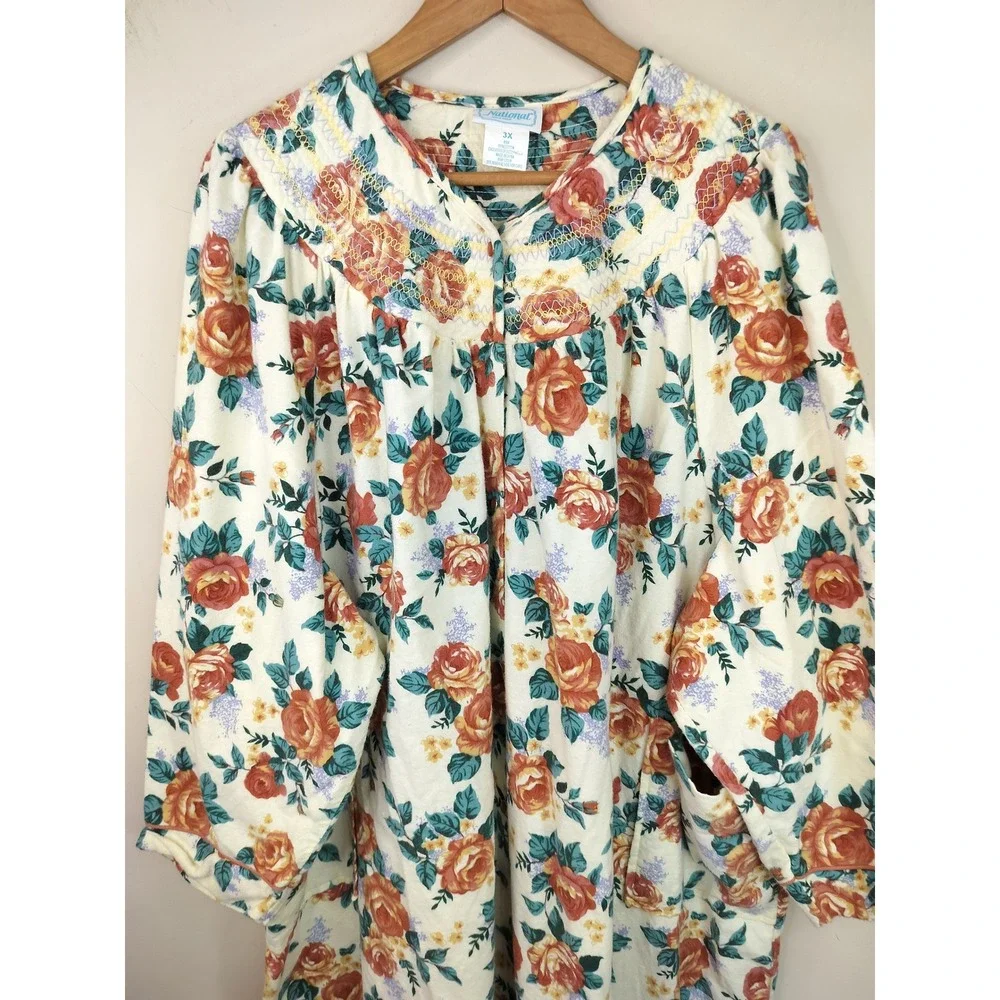 National Since 1952 Button Up House Dress Nightgown 3X Womens Floral Cotton
